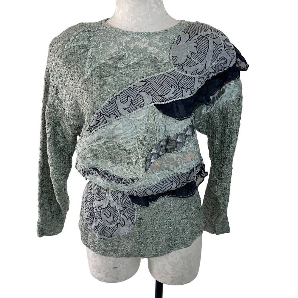 Vintage Womens Sweater Size Medium Green Batwing Embellished Cinched Waist